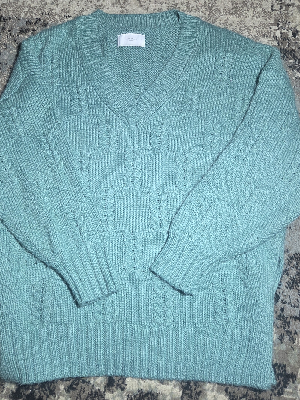 Lucky Brand Women's Teal Blue Cable Knit V-Neck Sweater Size L Chunky Soft Boho